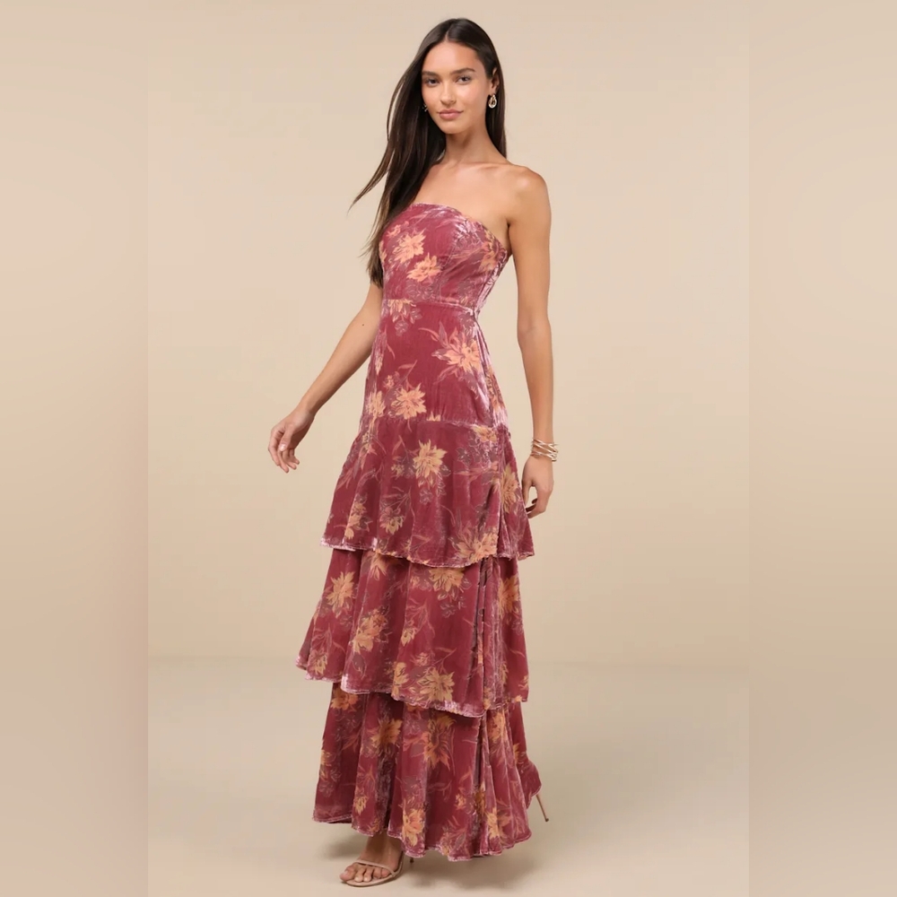 Lulus Rose Pink Floral Burnout Tiered Velvet Dress